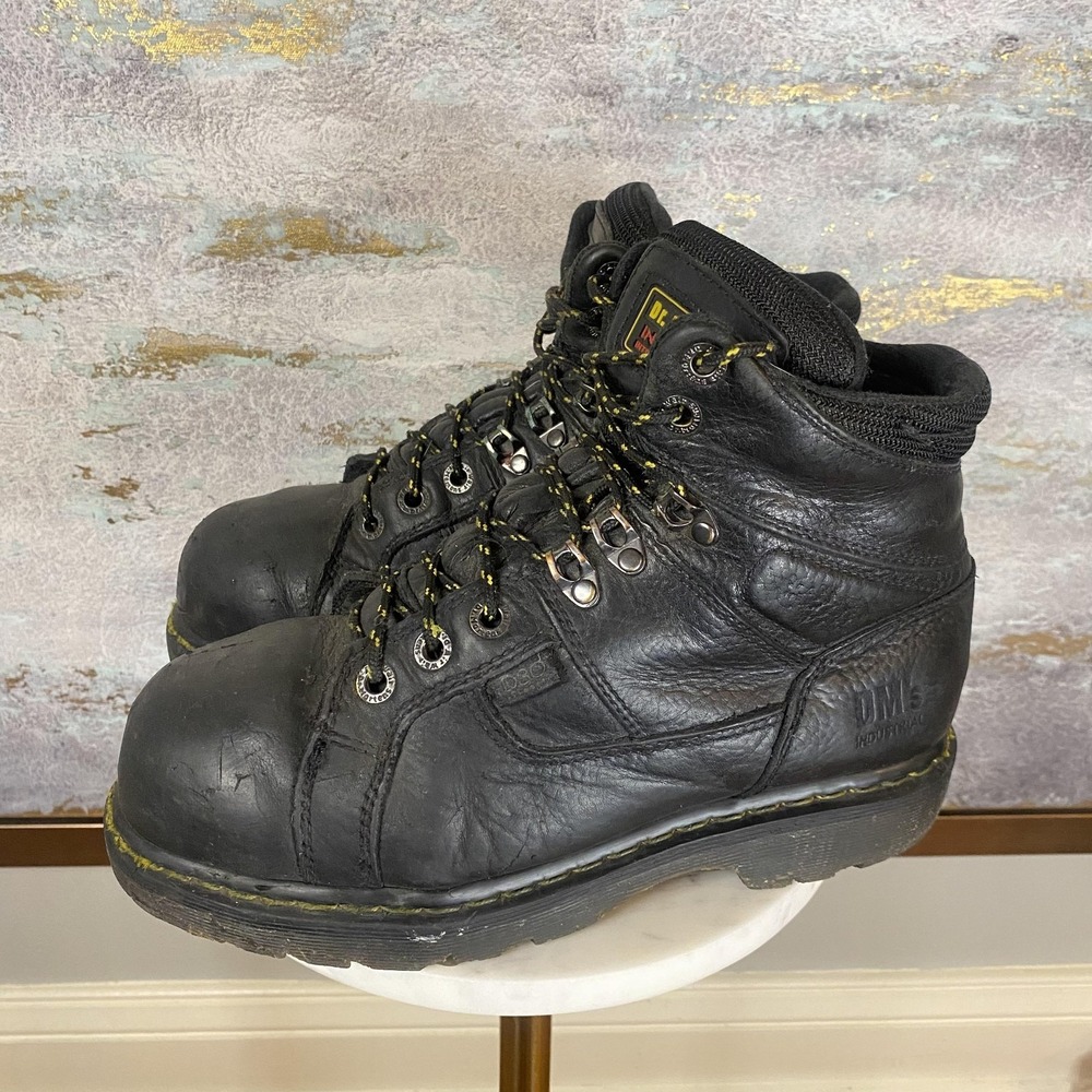 Dr. Martens Industrial Boots Mens Size 9 Black Leather Steel Toe Work Lace Up
